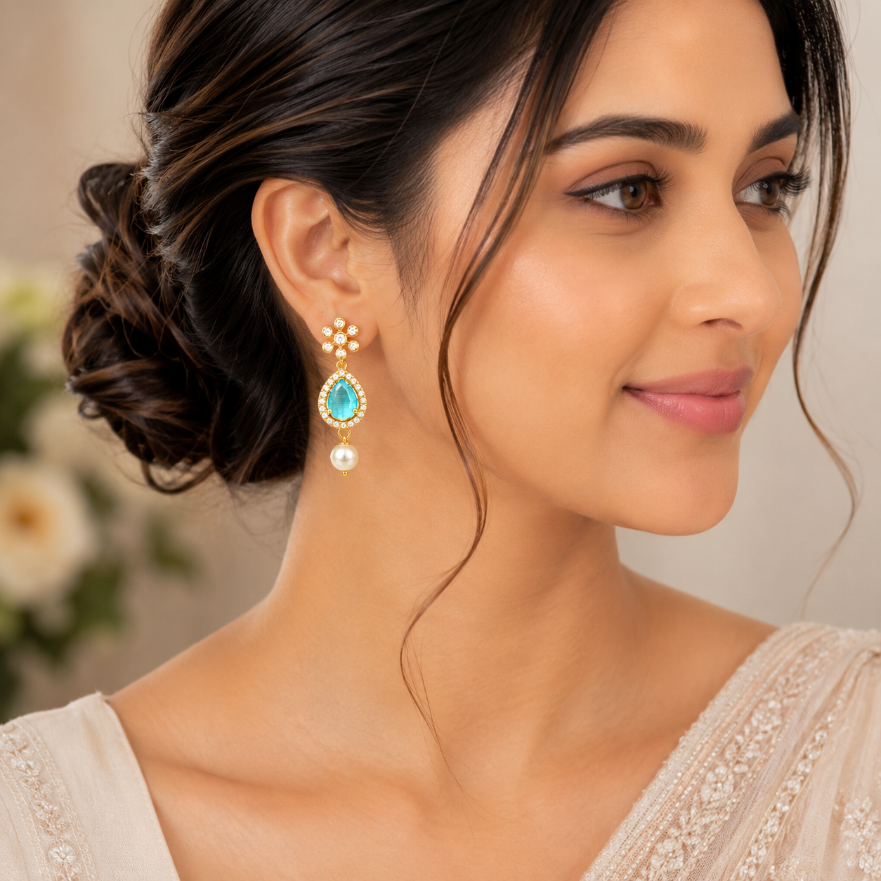 Aqua Teardrop Pearl Drop Earrings